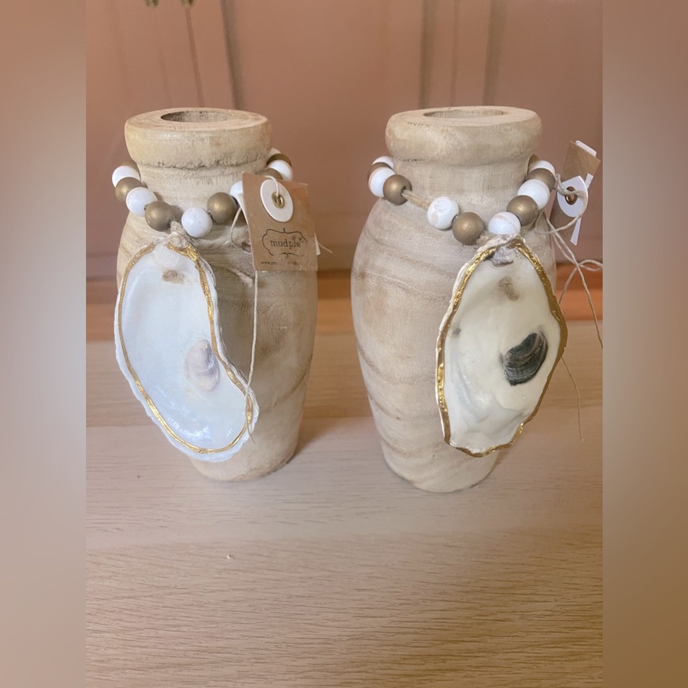 MUD PIE Paulownia Wooden Vases & Oyster Shell Tassel LOT OF 2 For Dried Flowers